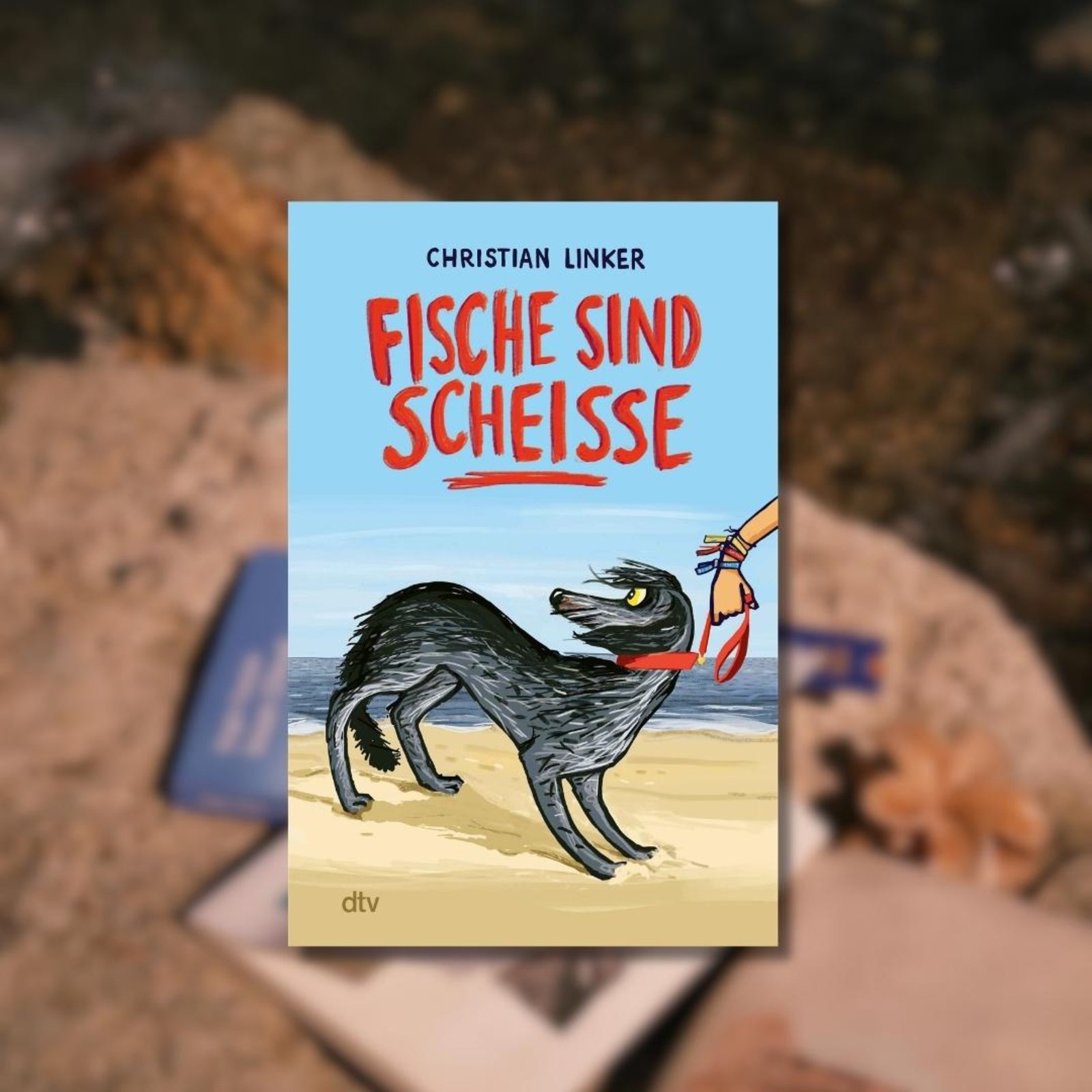 Buchtipp: „Fische sind scheiße“ im Vordergrund. Im Hintergrund befinden sich Bücher auf einem Felsen am Wasser.