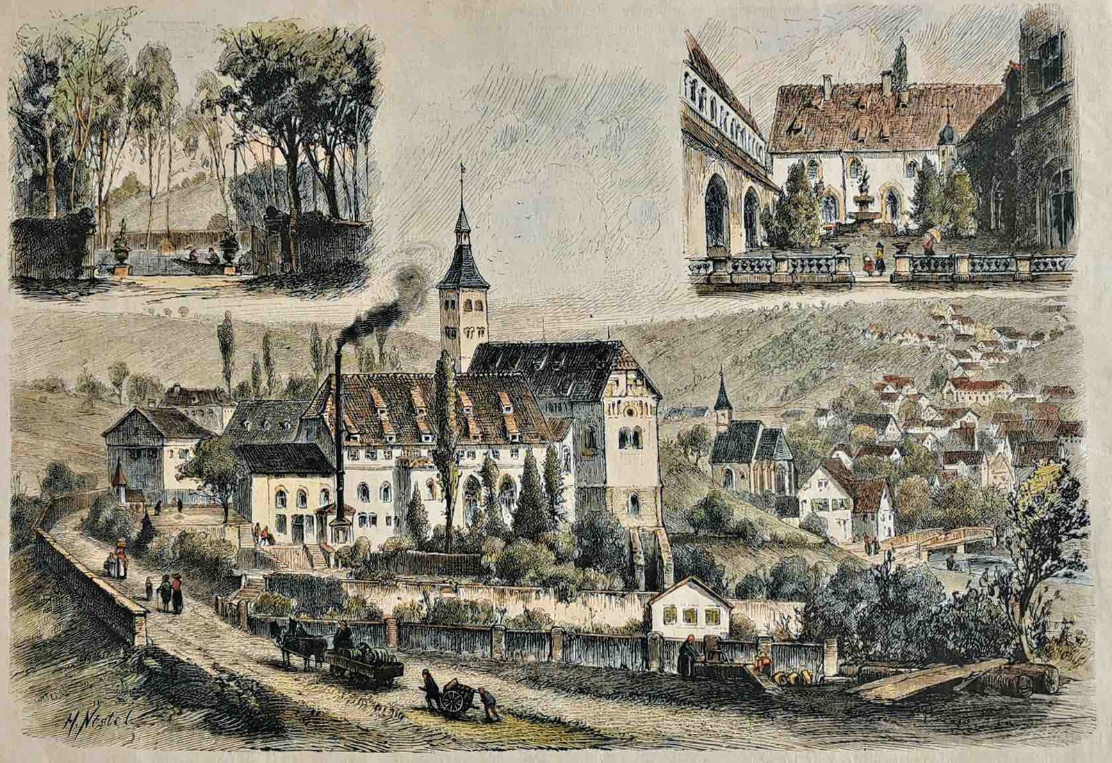 Zeichnung der Fabrik im Kloster Denkendorf aus dem 19. Jahrhundert.