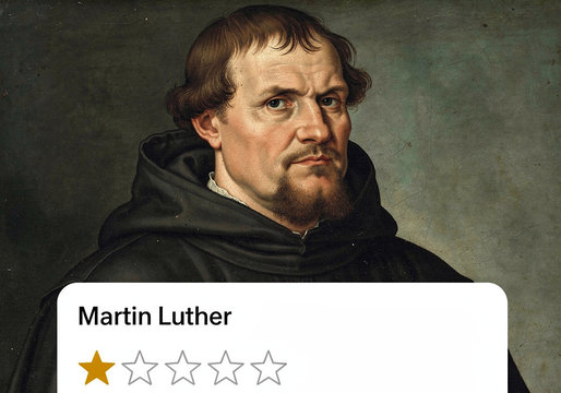 Das Bild ist mit Künstlicher Intelligenz generiert.  Es zeigt den Reformator Martin Luther im Hintergrund und eine Online-Bewertung mit einem von fünf Sternen im Vordergrund.