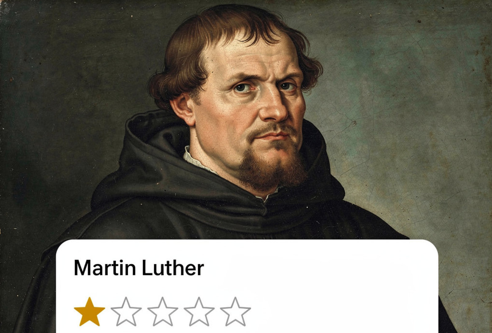Das Bild ist mit Künstlicher Intelligenz generiert.  Es zeigt den Reformator Martin Luther im Hintergrund und eine Online-Bewertung mit einem von fünf Sternen im Vordergrund.