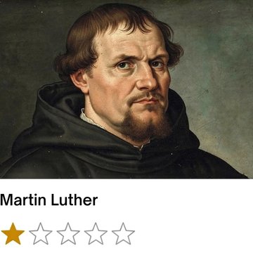 Das Bild ist mit Künstlicher Intelligenz generiert.  Es zeigt den Reformator Martin Luther im Hintergrund und eine Online-Bewertung mit einem von fünf Sternen im Vordergrund.