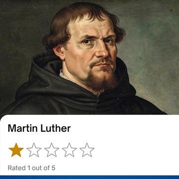 Das Bild ist mit Künstlicher Intelligenz generiert.  Es zeigt den Reformator Martin Luther im Hintergrund und eine Online-Bewertung mit einem von fünf Sternen im Vordergrund.