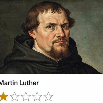 Das Bild ist mit Künstlicher Intelligenz generiert.  Es zeigt den Reformator Martin Luther im Hintergrund und eine Online-Bewertung mit einem von fünf Sternen im Vordergrund.