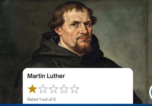 Das Bild ist mit Künstlicher Intelligenz generiert.  Es zeigt den Reformator Martin Luther im Hintergrund und eine Online-Bewertung mit einem von fünf Sternen im Vordergrund.