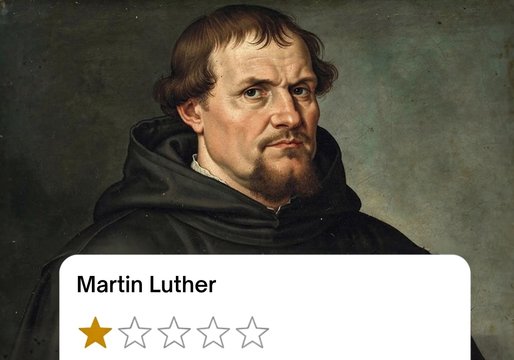 Das Bild ist mit Künstlicher Intelligenz generiert.  Es zeigt den Reformator Martin Luther im Hintergrund und eine Online-Bewertung mit einem von fünf Sternen im Vordergrund.