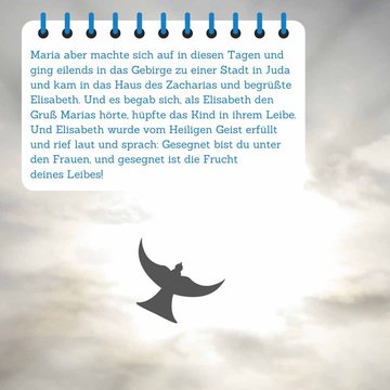 Bibelspruch im Vordergrund, Himmel und fliegender Vogel im Hintergrund