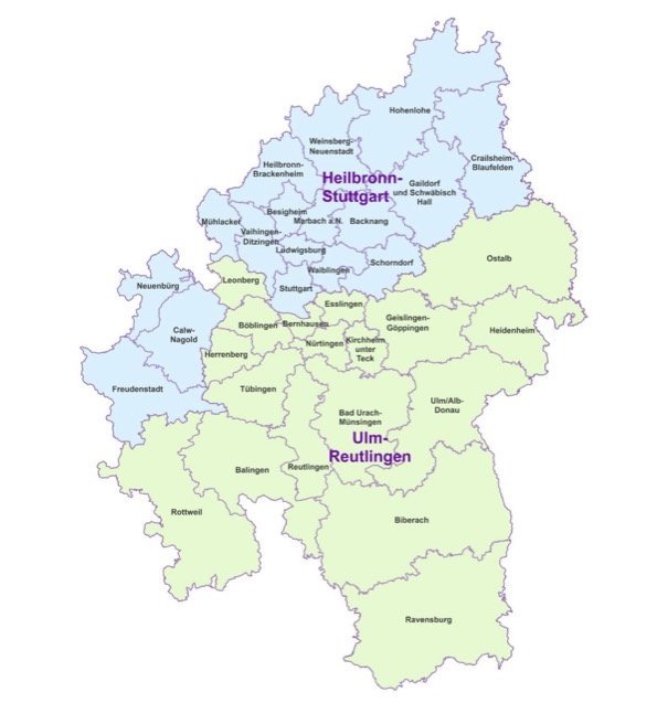 Die Grafik zeigt die neue Einteilung der Evangelischen Landeskirche in Württemberg in zwei Prälaturen.
