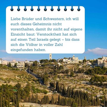 Bibelspruch im Vordergrund. Im Hintergrund befindet sich die Landschaft von Israel.