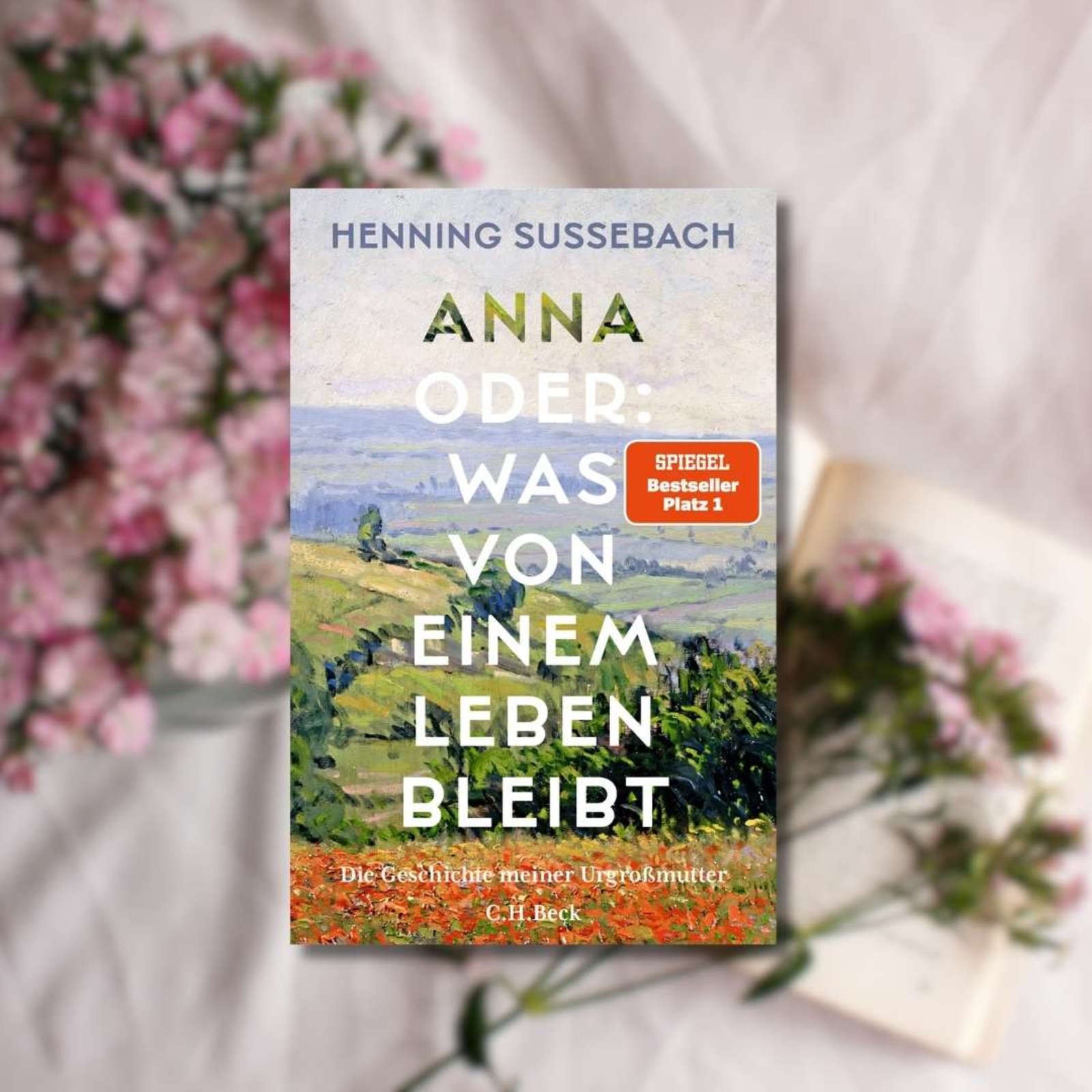 Buchtipp: „Anna oder: Was von einem Leben bleibt“ im Vordergrund. Im Hintergrund befinden sich ein weißes Laken sowie rosa Blumen.