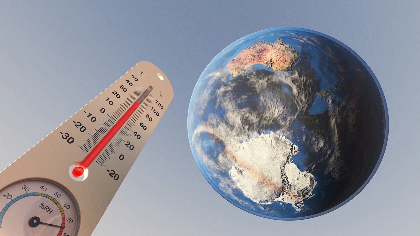 Auf der Fotomontage zum Thema Klimawandel ist rechts die Erdkugel aus großer Distanz zu sehen. Links ist ein Thermometer im roten Bereich zu sehen.