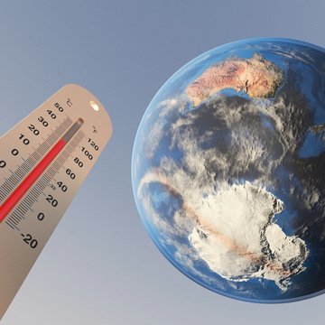 Auf der Fotomontage zum Thema Klimawandel ist rechts die Erdkugel aus großer Distanz zu sehen. Links ist ein Thermometer im roten Bereich zu sehen.