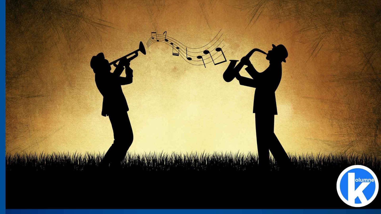 Zwei Silhouetten von Personen, die Trompete und Saxophon spielen sind auf einem goldenen Hintergrund zu sehen. Sie stehen auf einer schwarzen Wiese.