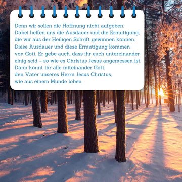 Bibelspruch im Vordergrund, Wald im Schnee im Hintergrund