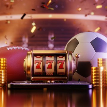 Gebaute Grafik: Ein Spielautomat, ovaler Football und runder Fußball, sowie Goldmünzen