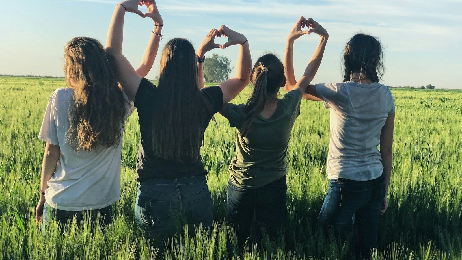 Vier junge Frauen stehen in einer grünen Wiese nebeneinander. 