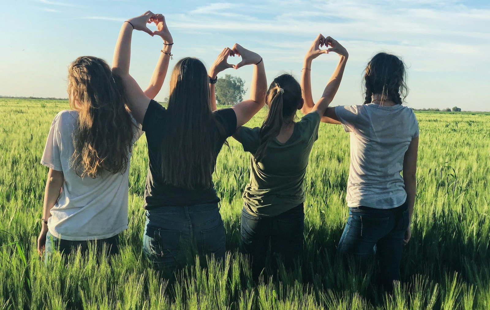 Vier junge Frauen stehen in einer grünen Wiese nebeneinander. 