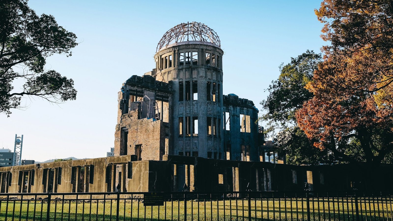 Bäume stehen um eine Ruine aus Beton herum. Die Kuppel des verfallenen Gebäudes ist aus Metall gefertigt. 