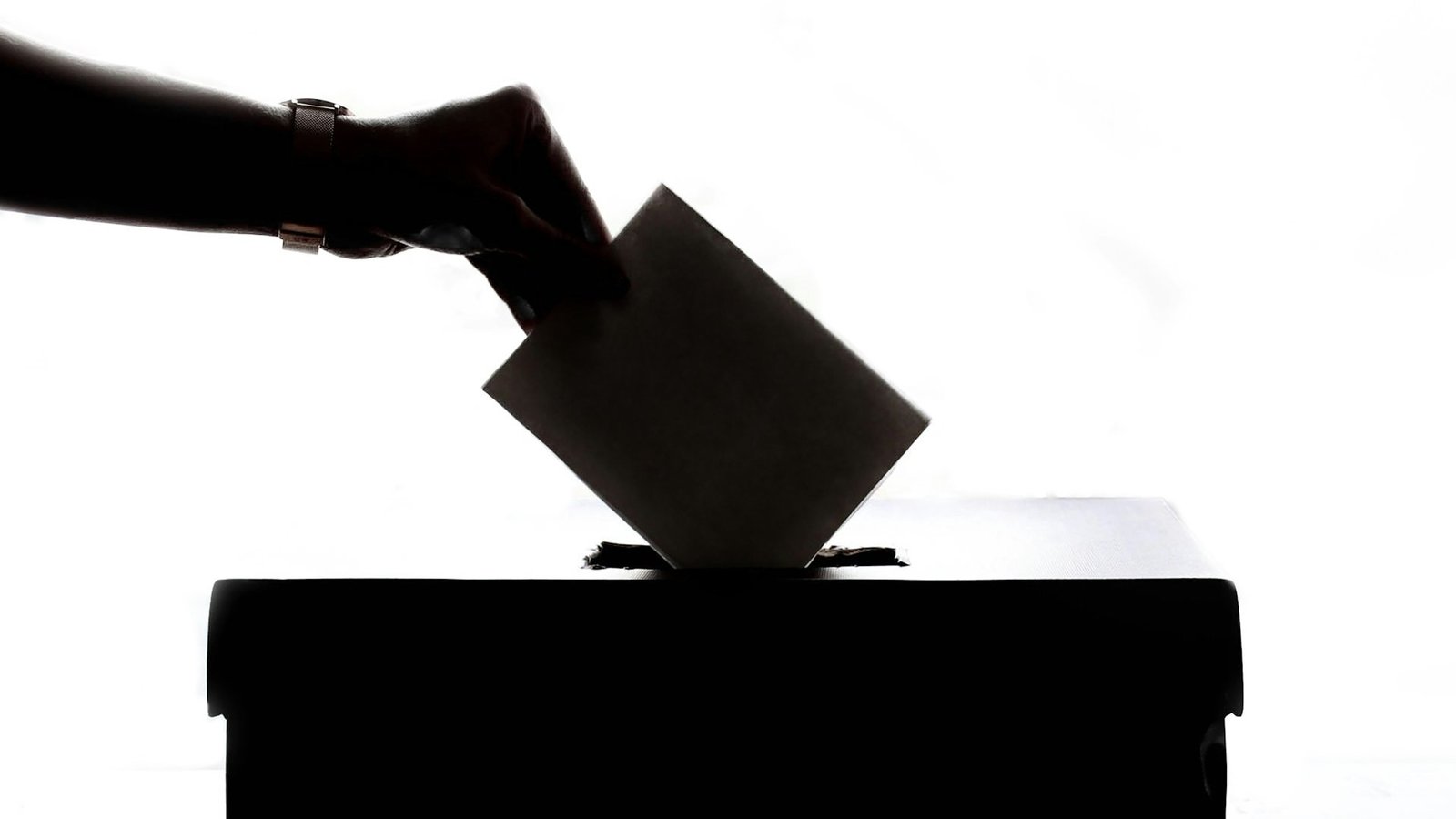 Schwarz-weiß Bild einer Hand, die einen Brief in eine Box einschiebt.