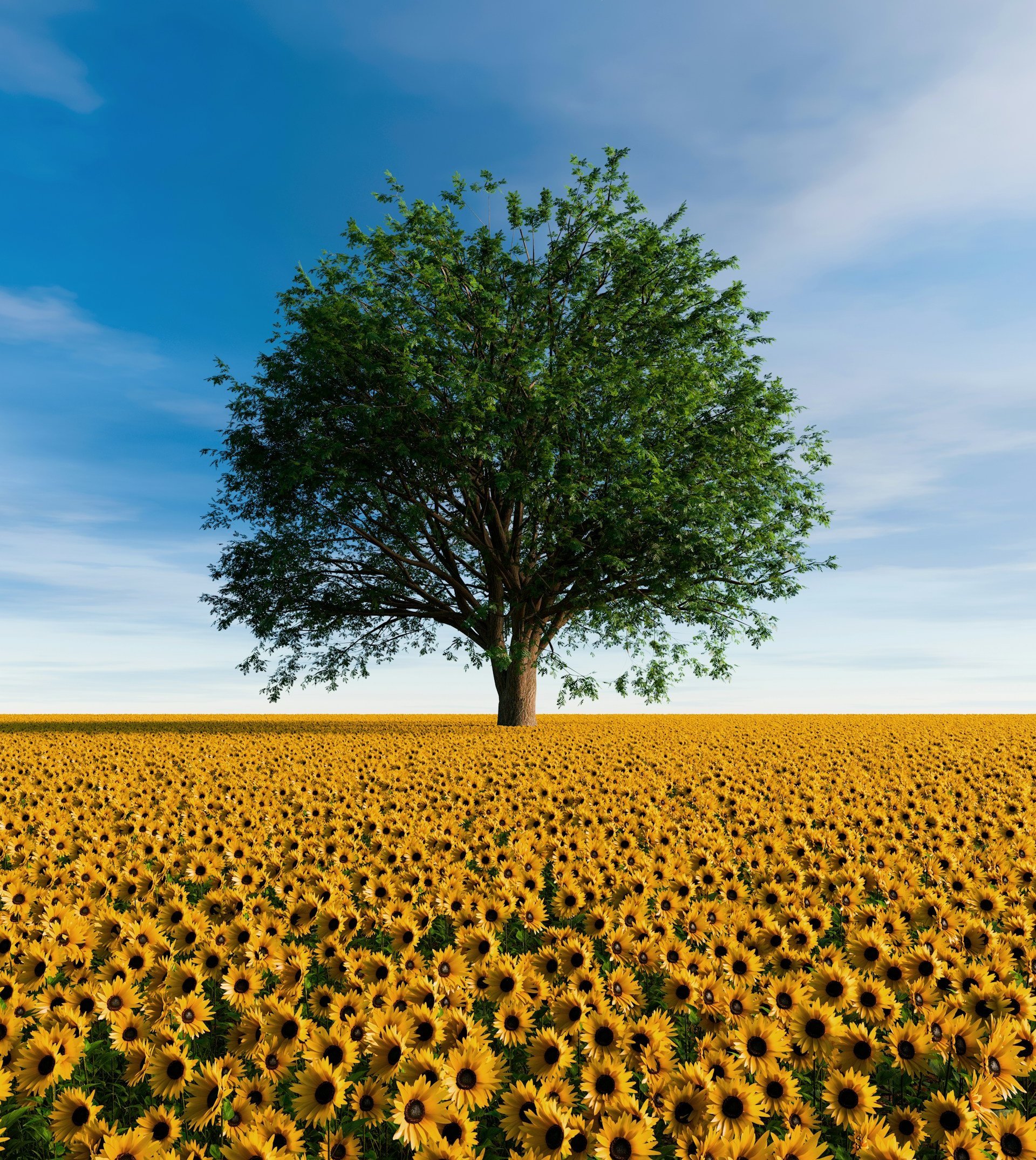 Ein Baum steht in einem Feld voller Sonnenblumen. Im Hintergrund blauer Himmel mit leichten Schleierwolken.